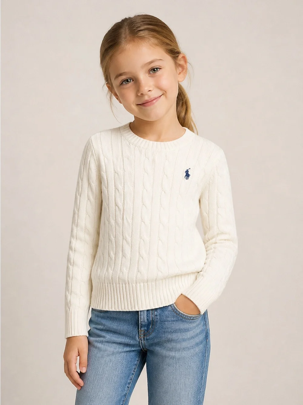 Ralph Lauren Girls' Cream Cable Crewneck Sweater with Navy Pony - Picture 1 of 8
